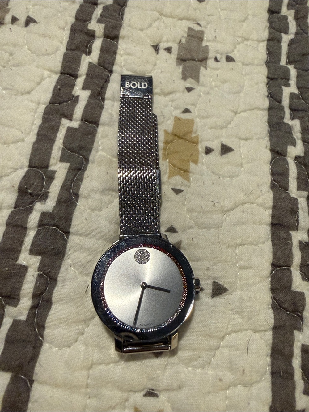 Women's Movado Bold Silver Mesh Bracelet Watch - Silver Dial with Rainbow stones